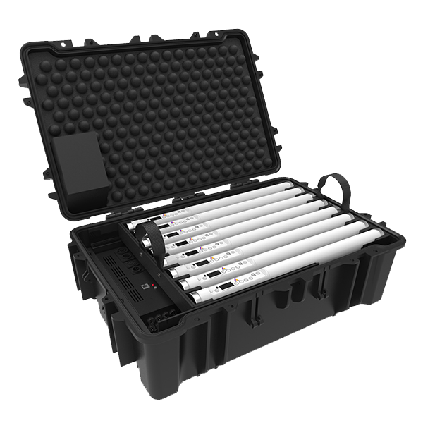 Astera Helios charging case open rugged hard case with eight LED tube lights foam padded lid and power box included