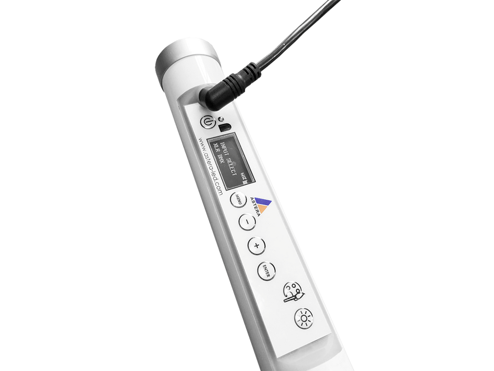 Astera Helios Tube control end close-up showing power cable connected LCD display and buttons