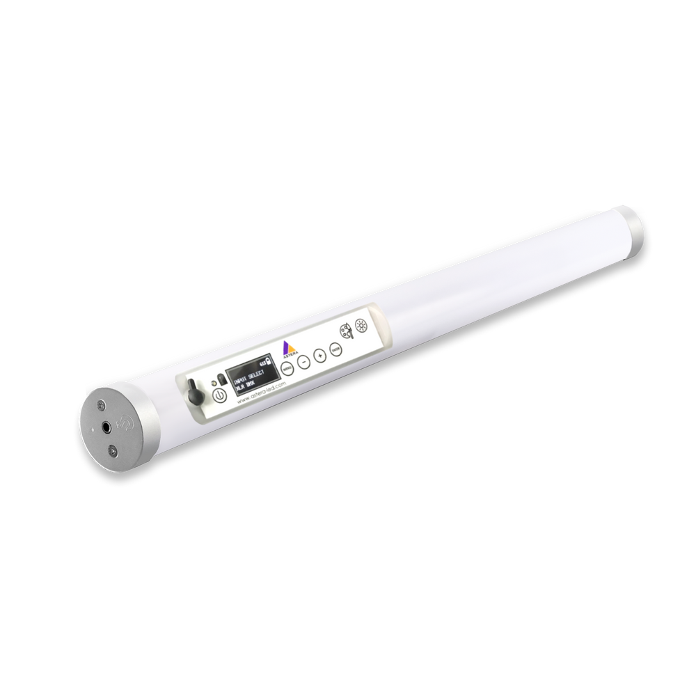 Astera Helios Tube FP2 single wireless battery-powered LED tube light showing OLED display and control buttons on white housing