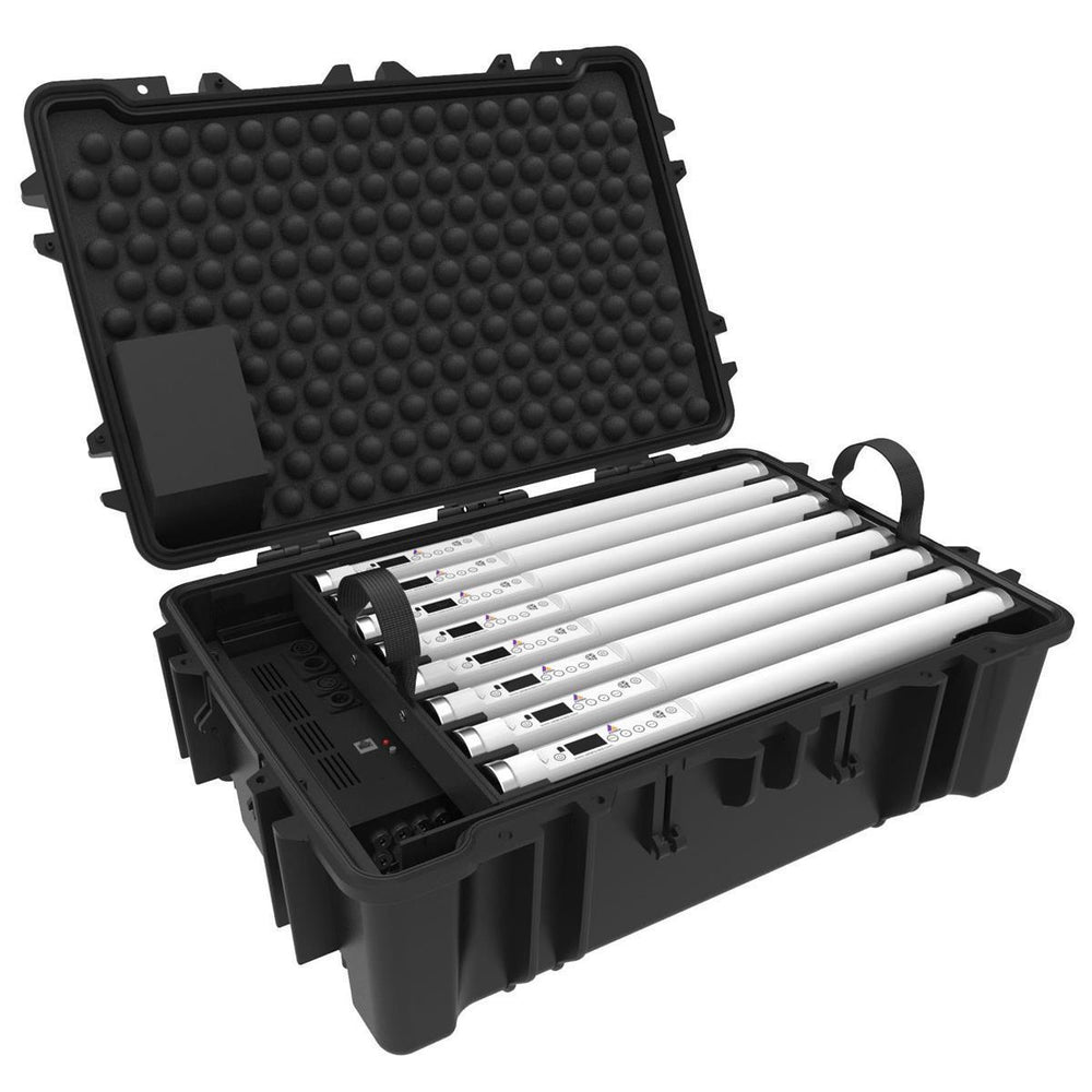 Astera Helios Tubes FP2 set of 8 wireless LED tube lights in black protective charging case open view showing all 8 tubes with foam padding
