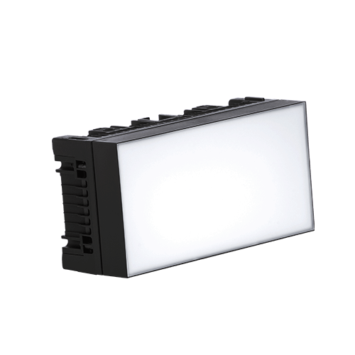 Astera HydraPanel compact wireless LED panel light powered on showing bright white output with black housing angled product view on transparent background