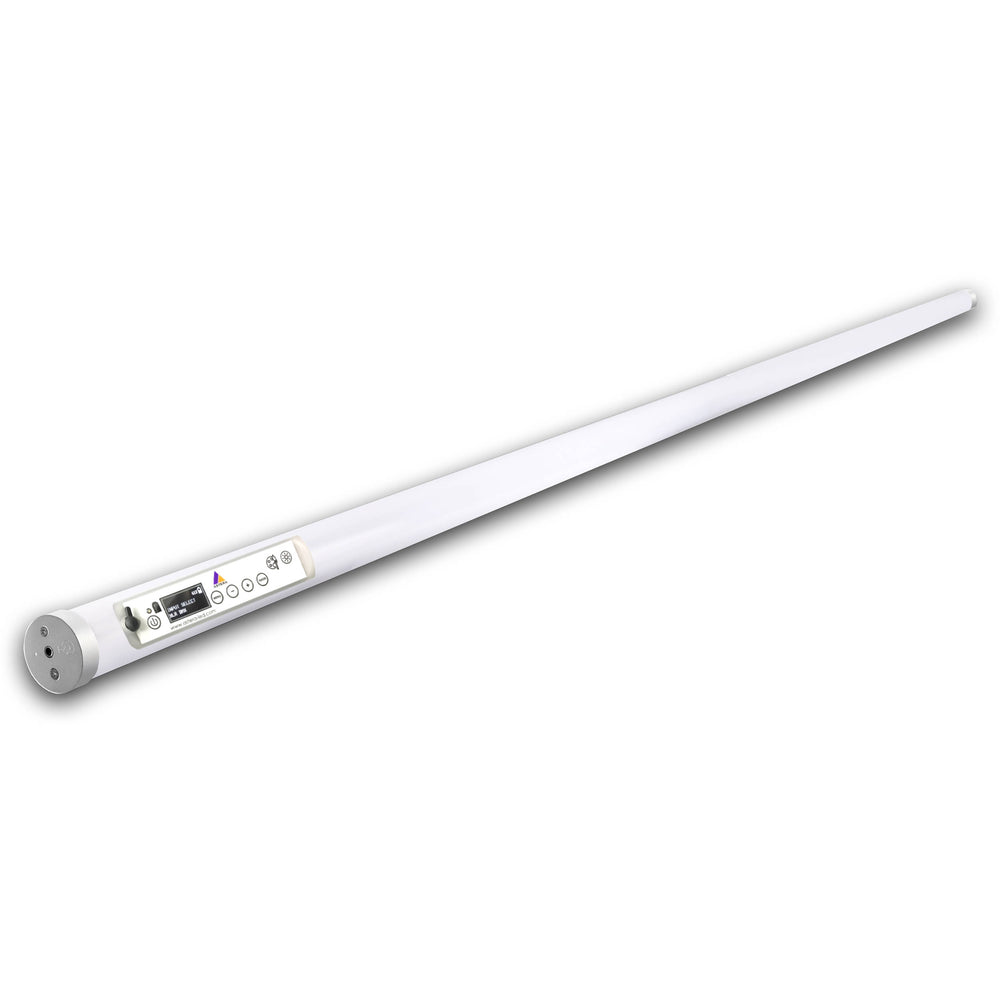 Astera Hyperion FP3 LED tube light angled view showing full length white tube with LCD control display navigation buttons battery indicator and charging contact pins for professional wireless film and event lighting on white background