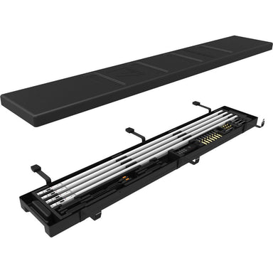 Astera Hyperion FP3 complete set open black carrying case showing eight LED tube lights with charging contacts gold pin connectors power cables accessories foam-lined interior on white background