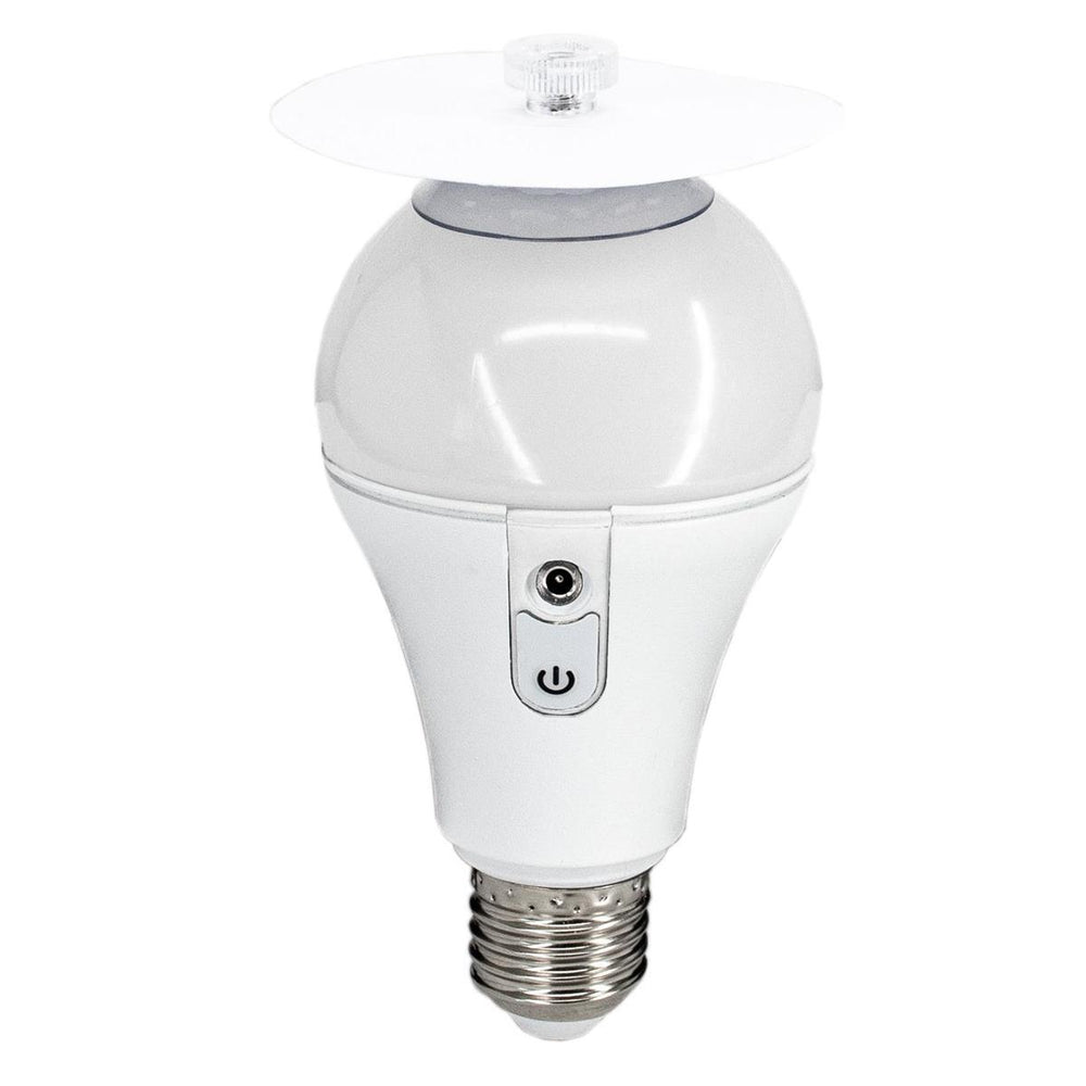 Astera NYX Bulb close-up showing E27 base, power button, USB charging port, and bounce disc diffuser attachment
