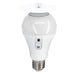 Astera NYX Bulb close-up showing E27 base, power button, USB charging port, and bounce disc diffuser attachment