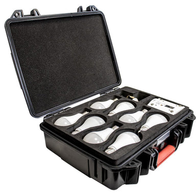 Astera NYX Bulb set of 8 in open charging case with power station, USB cables, and foam insert