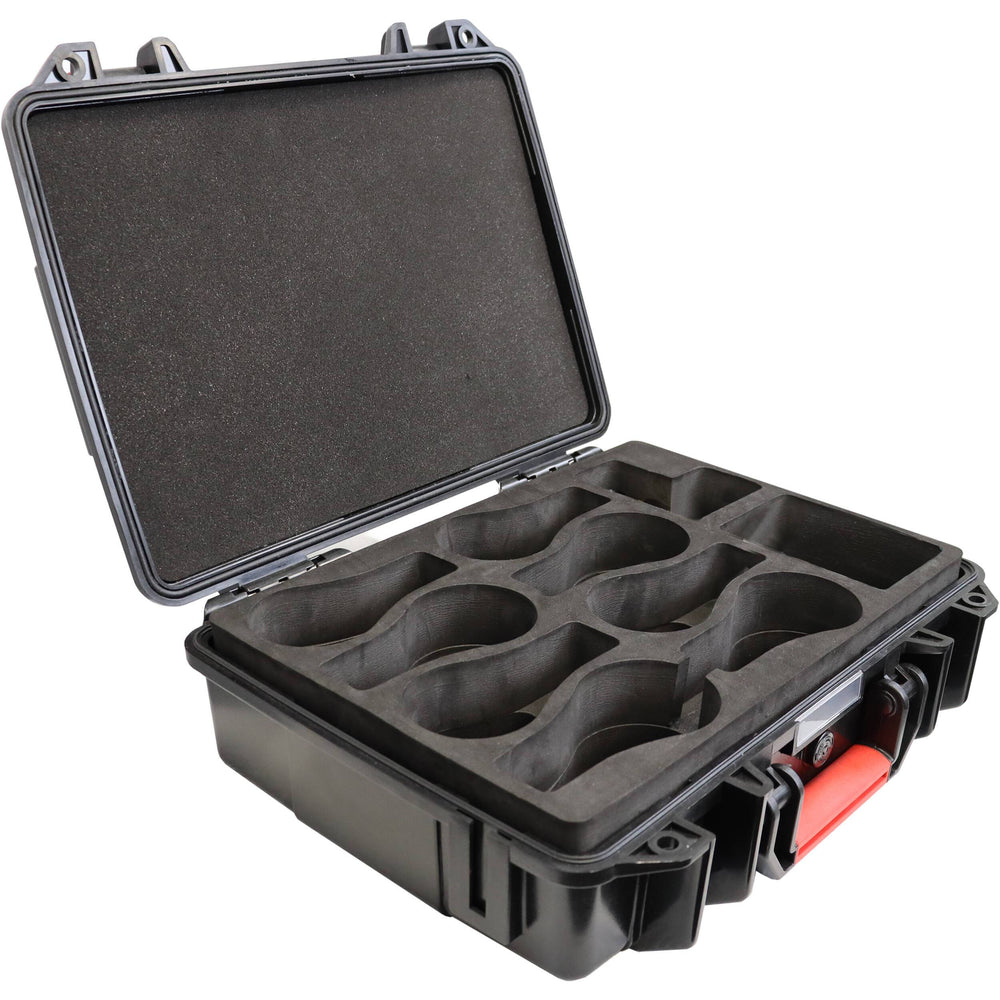 Astera NYX Bulb transportation case black hard-shell protective case open showing foam insert with 8 bulb slots and accessory compartments for LED lighting equipment