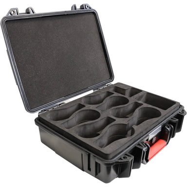 Astera NYX Bulb transportation case black hard-shell protective case open showing foam insert with 8 bulb slots and accessory compartments for LED lighting equipment