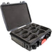 Astera NYX Bulb transportation case black hard-shell protective case open showing foam insert with 8 bulb slots and accessory compartments for LED lighting equipment