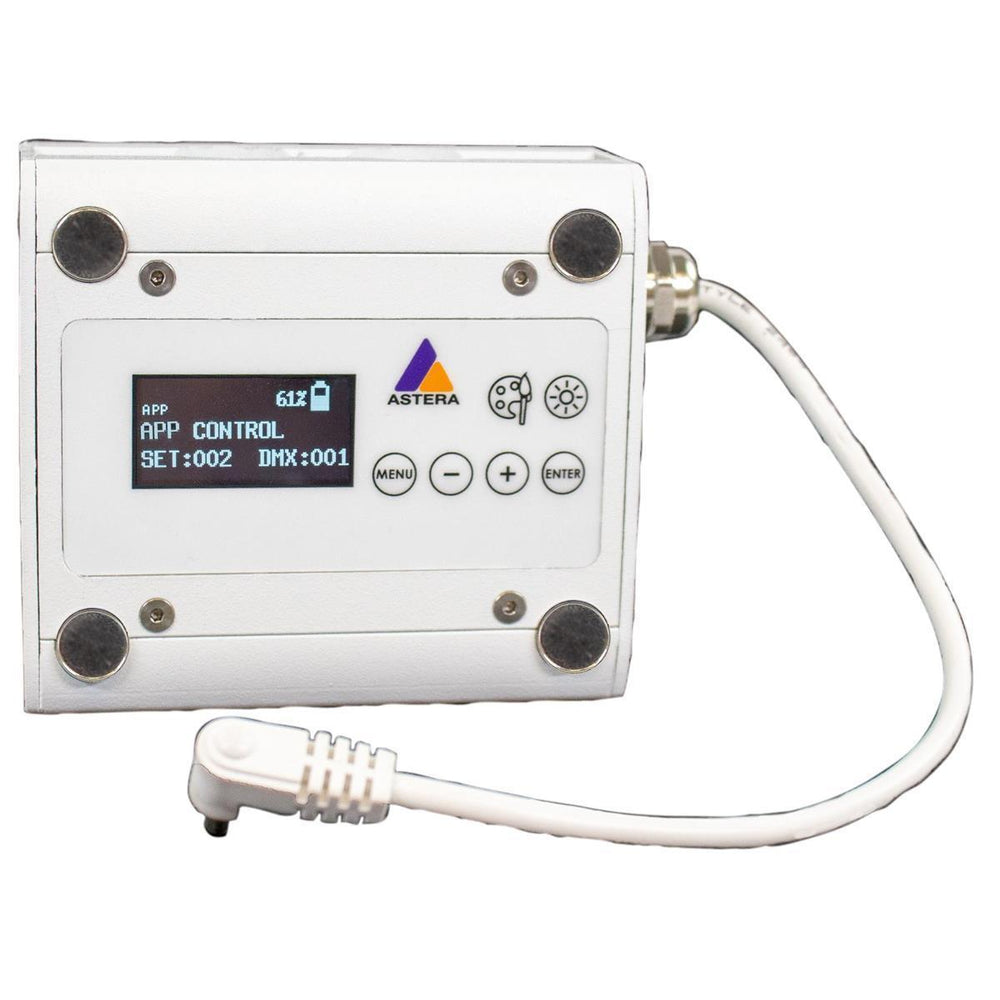 Astera NYX PowerStation single unit front view with LCD display magnetic mounts menu buttons and DC power cable