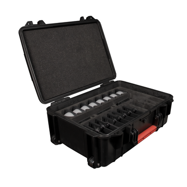 Astera PB15 PixelBrick accessory case set open black hard case showing foam-lined compartments holding multiple PixelBrick LED lights diffuser domes accessories and charging components for professional wireless lighting on white background