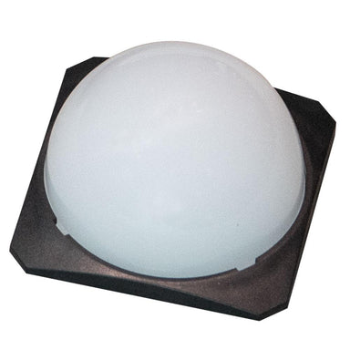 Astera PB15 PixelBrick BrickDome frosted white hemispherical diffuser dome mounted on black PixelBrick LED light base for 360 degree omnidirectional soft light output on white background