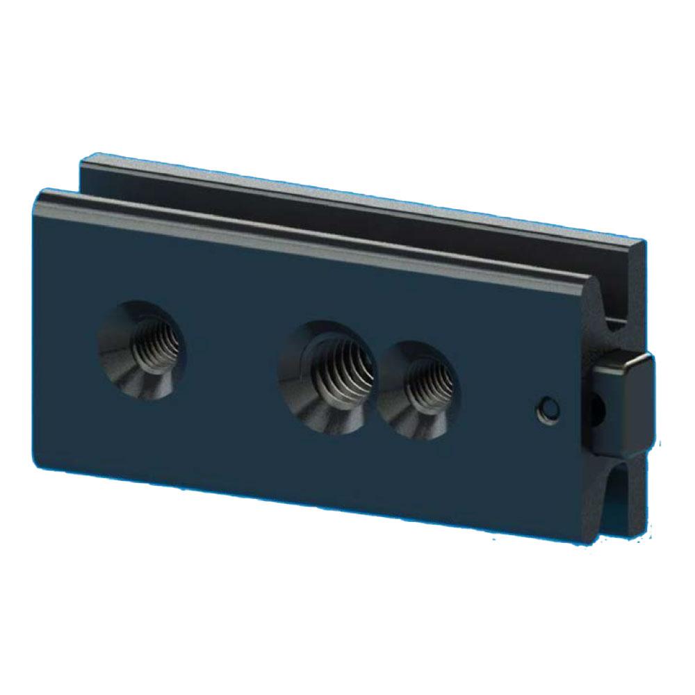 Astera PB15 PixelBrick BrickMount mounting bracket accessory dark blue anodized aluminum with three threaded mounting points and rail attachment for securing PixelBrick LED lights to surfaces and rigging on white background