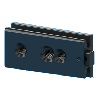 Astera PB15 PixelBrick BrickMount mounting bracket accessory dark blue anodized aluminum with three threaded mounting points and rail attachment for securing PixelBrick LED lights to surfaces and rigging on white background