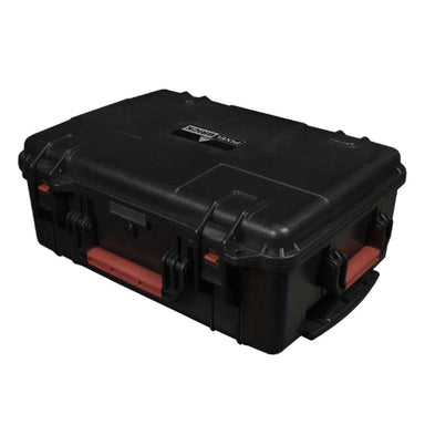 Astera PB15 PixelBrick charge case closed rugged black hard shell carrying case with orange pressure release latches top handle and Astera branding for transporting and charging multiple PixelBrick LED lights on white background