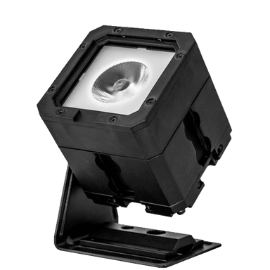 Astera PB15 PixelBrick compact LED light front angle view showing square black housing with bright COB LED lens reflector mounted on adjustable tilt bracket with base plate for professional wireless film and event lighting on transparent background