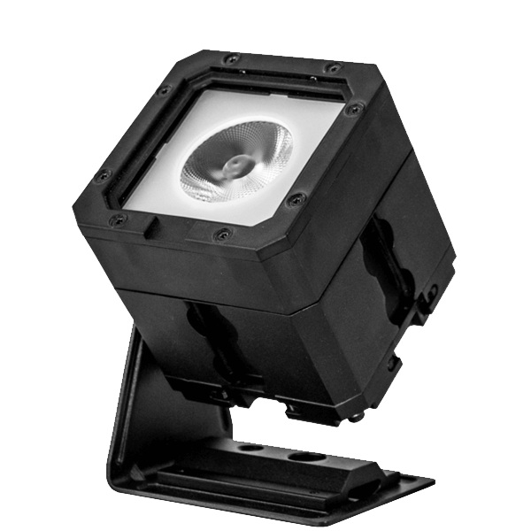 Astera PB15 PixelBrick compact LED light front angle view showing square black housing with bright COB LED lens reflector mounted on adjustable tilt bracket with base plate for professional wireless film and event lighting on transparent background