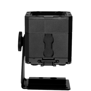 Astera PB15 PixelBrick top rear angle view showing black compact LED light housing with accessory attachment slot mounting rail system tilt adjustment knob and base plate for professional wireless film and event lighting on transparent background