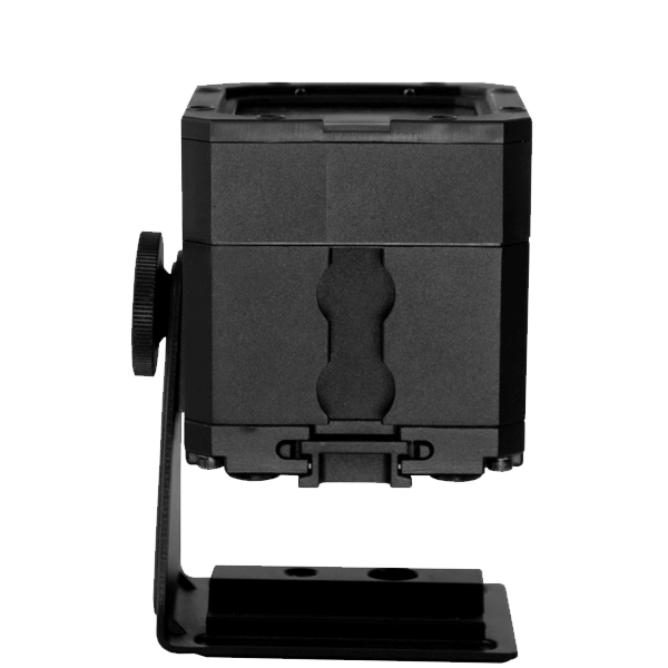 Astera PB15 PixelBrick top rear angle view showing black compact LED light housing with accessory attachment slot mounting rail system tilt adjustment knob and base plate for professional wireless film and event lighting on transparent background
