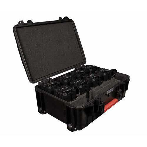 Astera PowerBox 15 complete set in open black hard carry case showing 15 PowerBox units loaded in custom foam insert with cables and accessories on white background