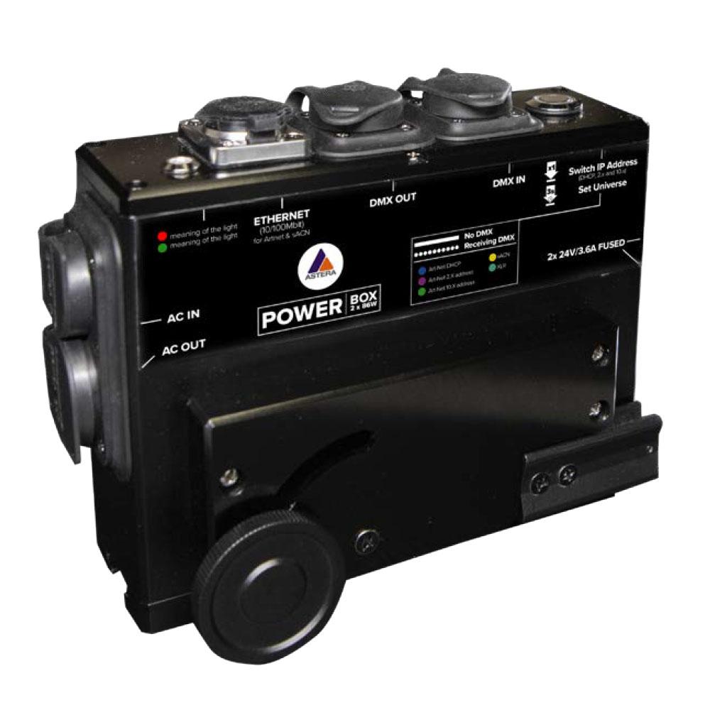 Astera PowerBox PWB-2-86 power distribution unit front angle view showing black metal housing with Ethernet DMX IN DMX OUT connectors AC IN AC OUT ports LED status indicators Astera logo Power Box branding 2x 24V 3.6A fused outputs for professional wireless LED lighting on white background