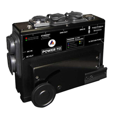 Astera PowerBox PWB-2-86 power distribution unit front angle view showing black metal housing with Ethernet DMX IN DMX OUT connectors AC IN AC OUT ports LED status indicators Astera logo Power Box branding 2x 24V 3.6A fused outputs for professional wireless LED lighting on white background