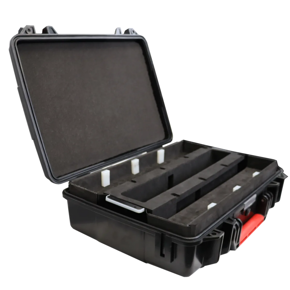 Astera PowerStation Charging Case open black eight slot charging pins dividers red latch transparent background