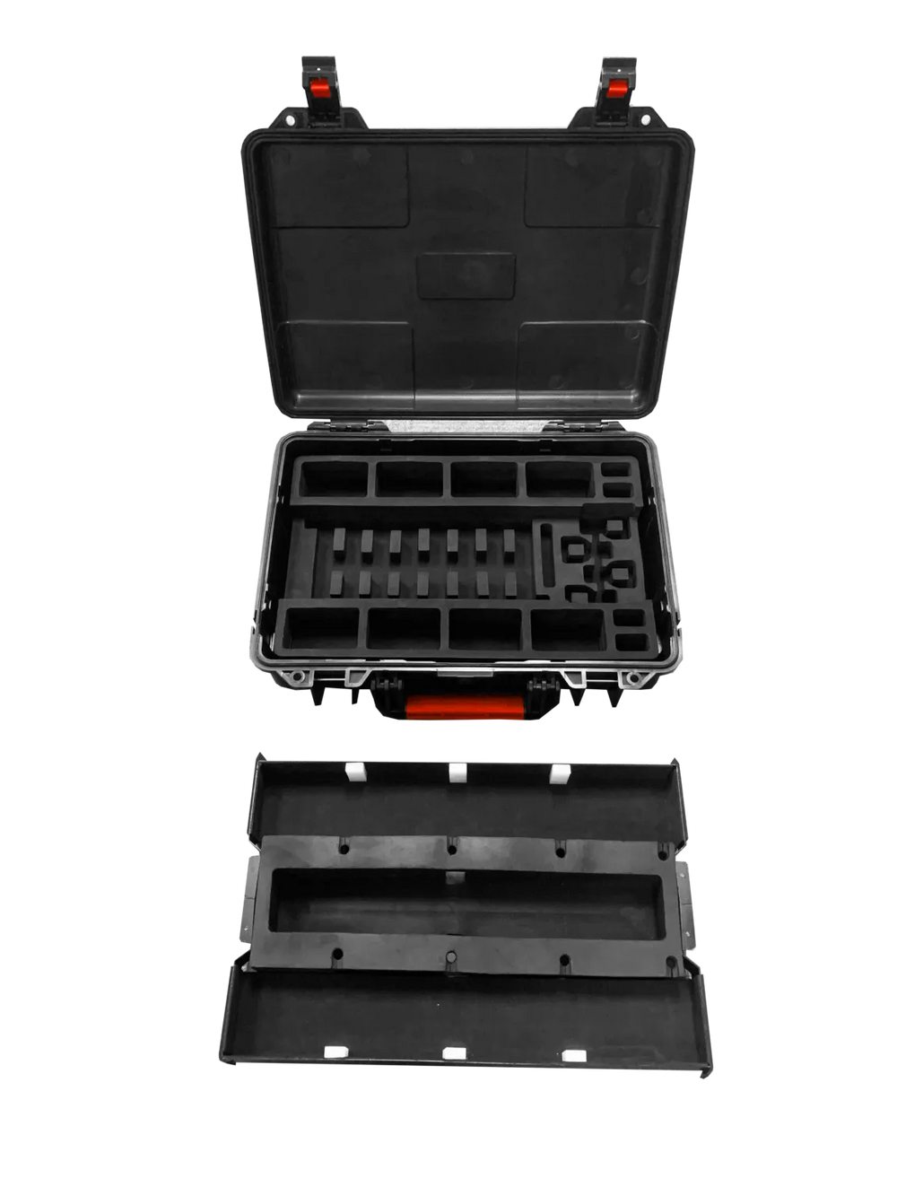 Astera PowerStation Charging Case open empty both layers top tray bottom compartment red latch transparent background