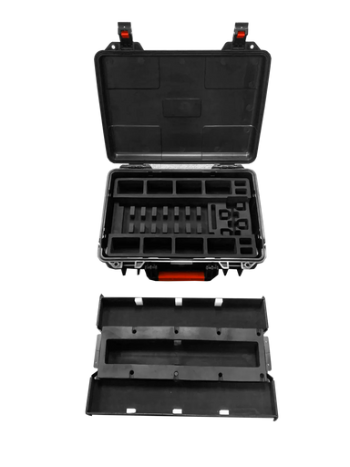 Astera PowerStation Charging Case open empty both layers top tray bottom compartment red latch transparent background