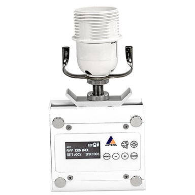 Astera PowerStation with NYX Bulb mounted on top showing display panel DMX wireless controller charger white housing