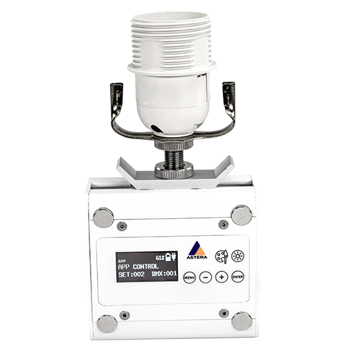 Astera PowerStation with NYX Bulb mounted on top showing display panel DMX wireless controller charger white housing