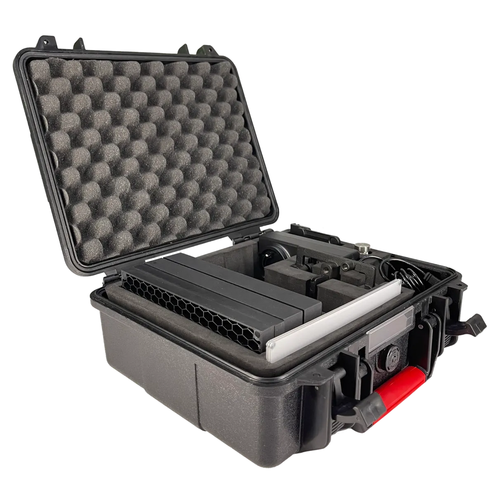 Astera Single unit case for HydraPanel open packed with panel accessories egg crate foam red latch transparent background
