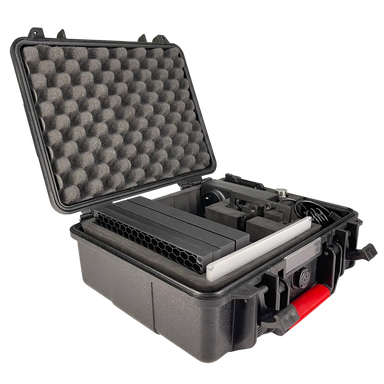 Astera Single unit case for HydraPanel open packed with panel accessories egg crate foam red latch transparent background