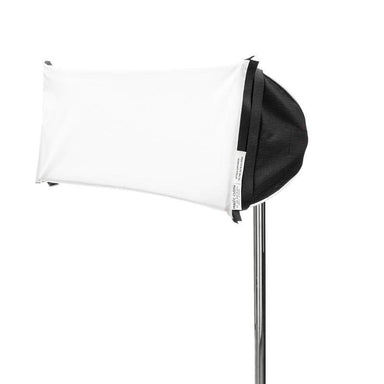 Astera SNAPBAG for Helios single tube front view showing white diffusion panel with black edge trim mounted on light stand