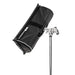 Astera SNAPBAG for Helios single tube rear angle view showing black nylon exterior mounted on C-stand with grip head on white background