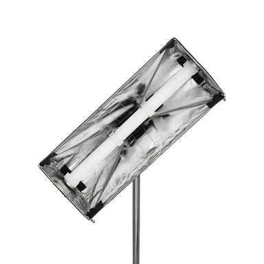 Astera SNAPBAG for Helios single tube softbox light modifier mounted on stand showing silver reflective interior with LED tube on white background