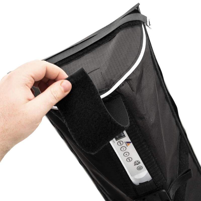 Astera SNAPBAG for Helios single tube close-up of velcro access flap being opened to reveal Helios tube control buttons inside softbox