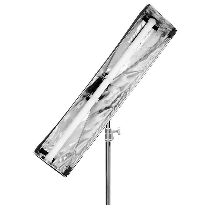 Astera SNAPBAG softbox for single AX1 and Titan tube mounted on light stand with diffusion fabric for soft lighting