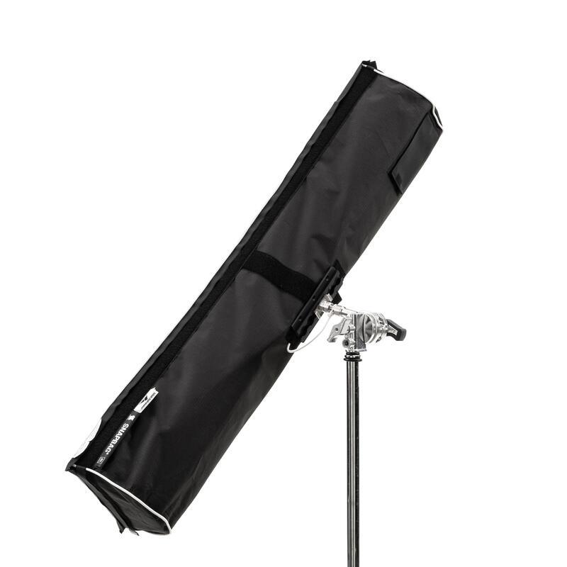 Astera SNAPBAG softbox for single tube collapsed into carry bag form for portable storage and transport on light stand
