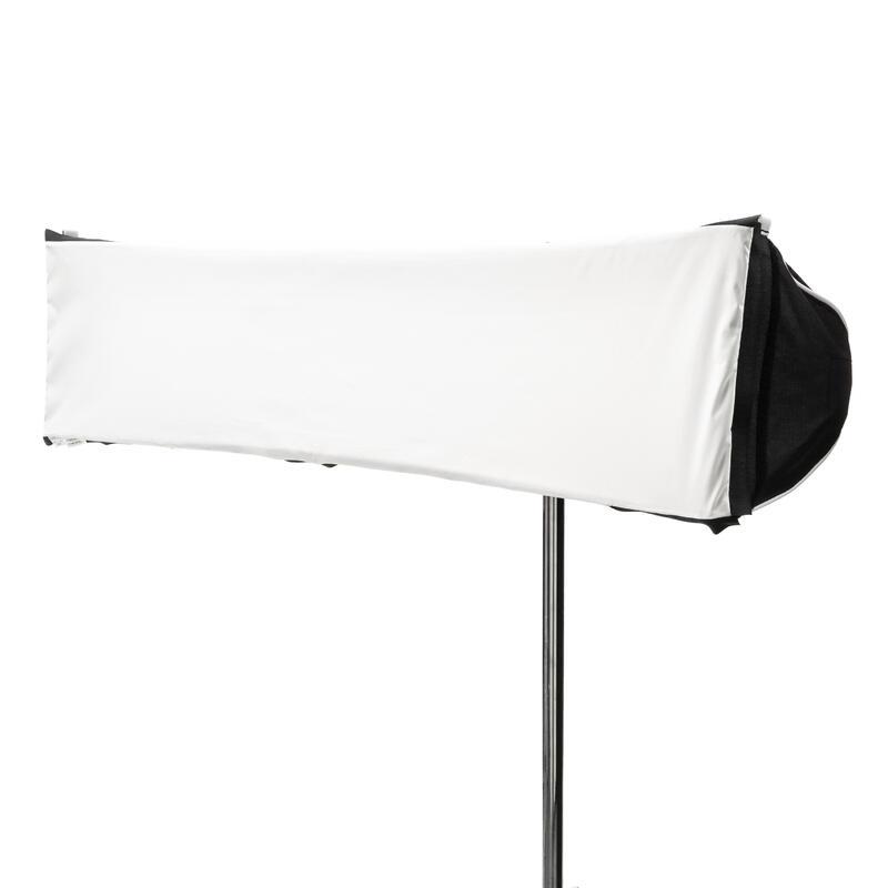 Astera SNAPBAG softbox for single tube side view showing white diffusion panel fully extended on light stand for soft even lighting