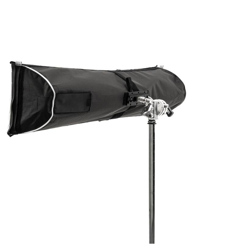 Astera SNAPBAG softbox for single tube rear exterior view showing black fabric body and stand mounting on light stand