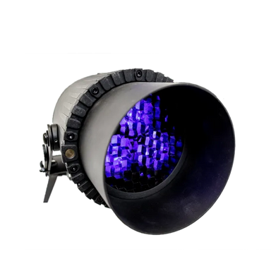 Astera AX5 TriplePAR with Snoot attached showing blue purple LED light through honeycomb grid front view on transparent background