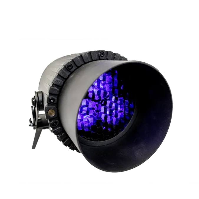 Astera AX5 TriplePAR with Snoot attached showing blue purple LED light through honeycomb grid front view on transparent background