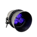 Astera AX5 TriplePAR with Snoot attached showing blue purple LED light through honeycomb grid front view on transparent background
