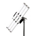 Astera softbox adapter SBAAT22 close-up angle view showing multiple Titan LED tube lights mounted in black bracket holder with white velcro straps securing tubes on chrome light stand for professional film and studio lighting on white background