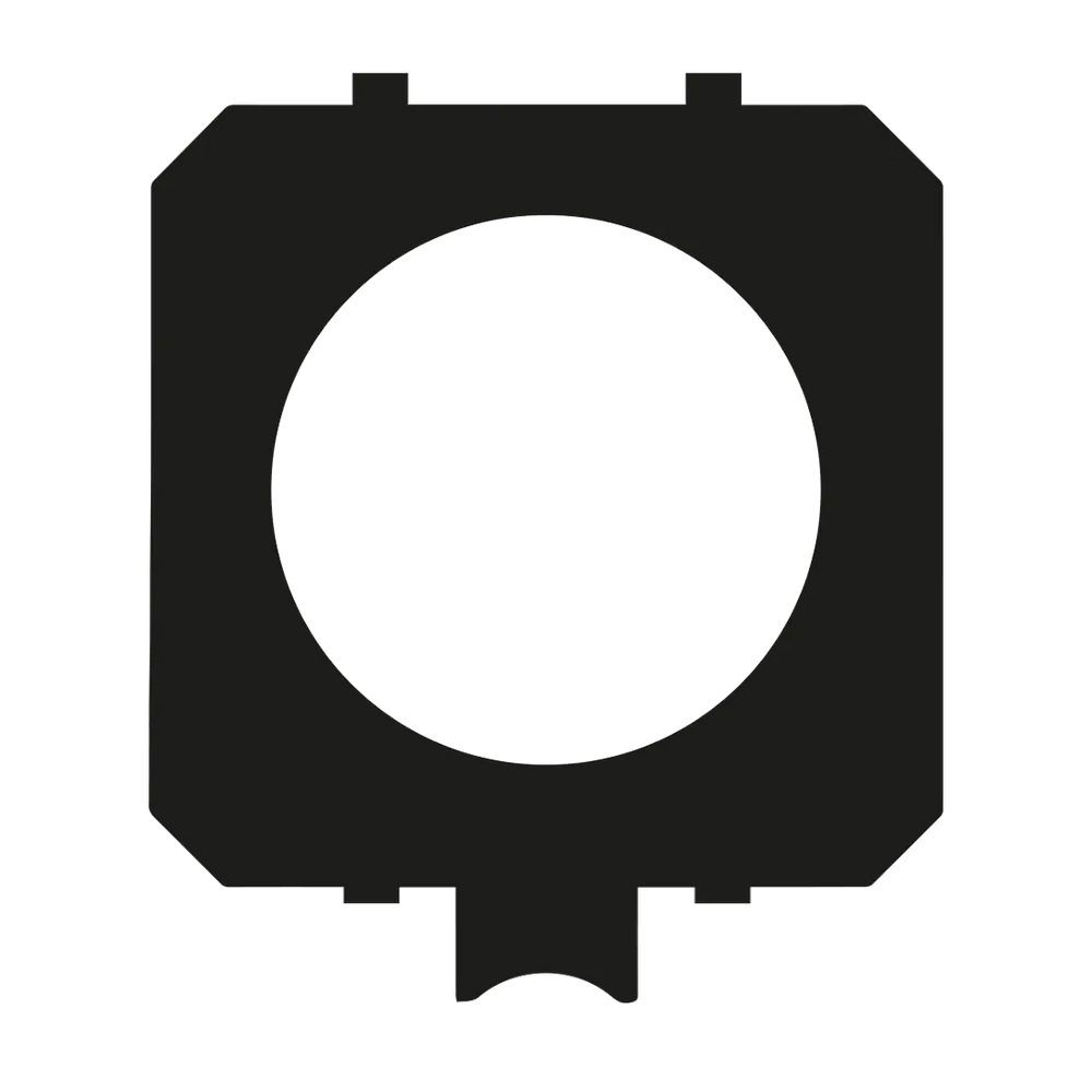 Astera StealthCover for PixelBrick black polycarbonate cover with circular lens opening and tab handle transparent background