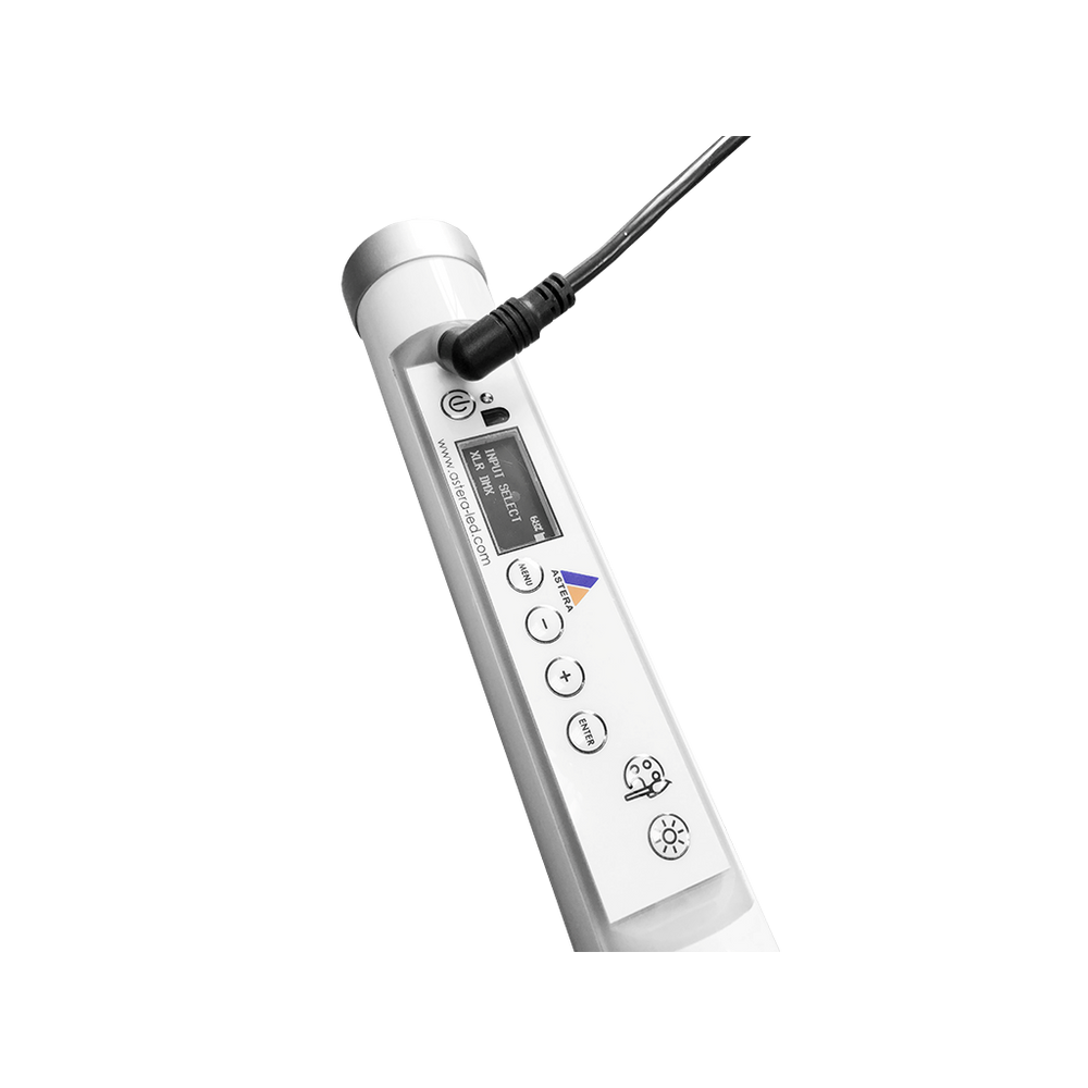 Astera Titan Tube control end close-up showing power cable connector LCD display navigation buttons and Astera logo