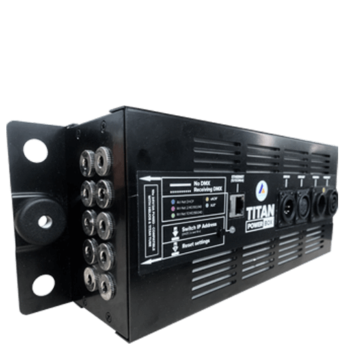 Astera Titan Tube Power Box front angled view showing 8 output connectors display panel DMX Art-NET sACN converter charger