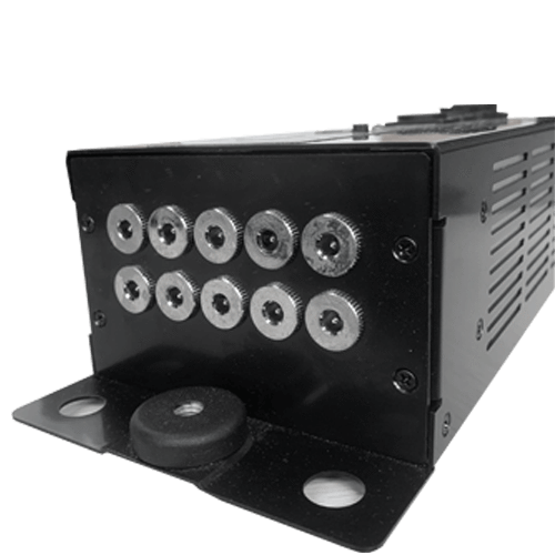 Astera Titan Tube Power Box side view showing 8 output connectors power input and mounting bracket black housing