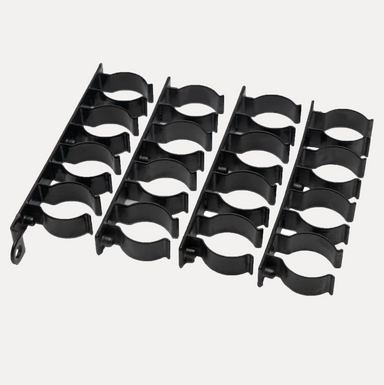Astera set of four black metal tube holders with clamps for Titan Tube and AX1 PixelTube charging cases on light background